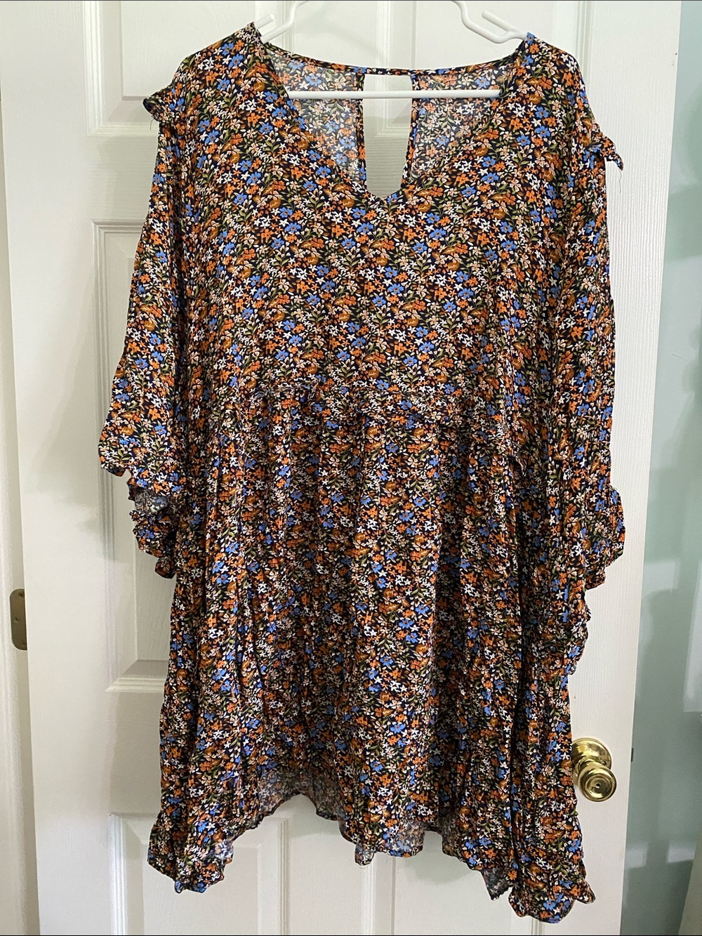 Women's Floral Ruffle Tunic Top or Dress- Orange & Blue